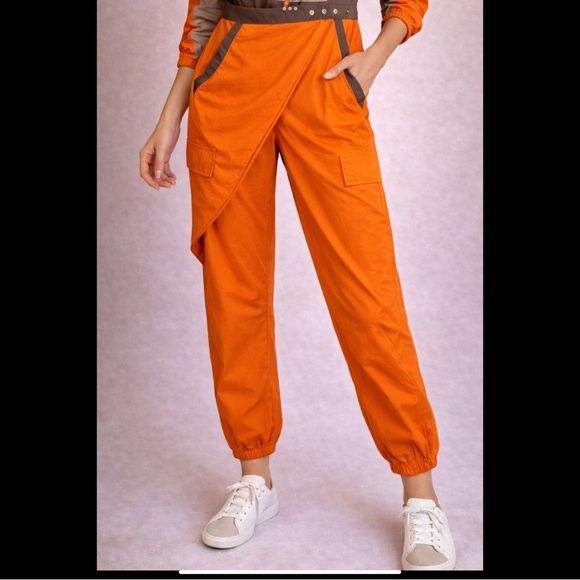 Hot & Delicious Utility Jumpsuit S Orange Taupe Zip Front Belted Cargo - Picture 13 of 16